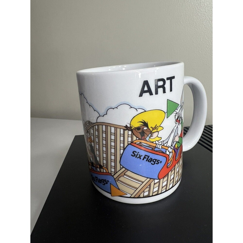 Vintage Looney Tunes Six Flags Coffee Mug Roller Coaster “ART” Warner Bros 1994